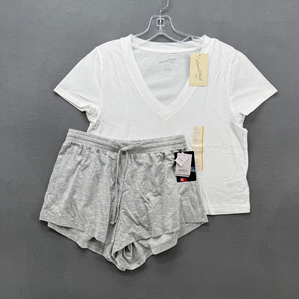 New Universal Thread White V-Neck Tee & Auden Gray Shorts Set Womens Small